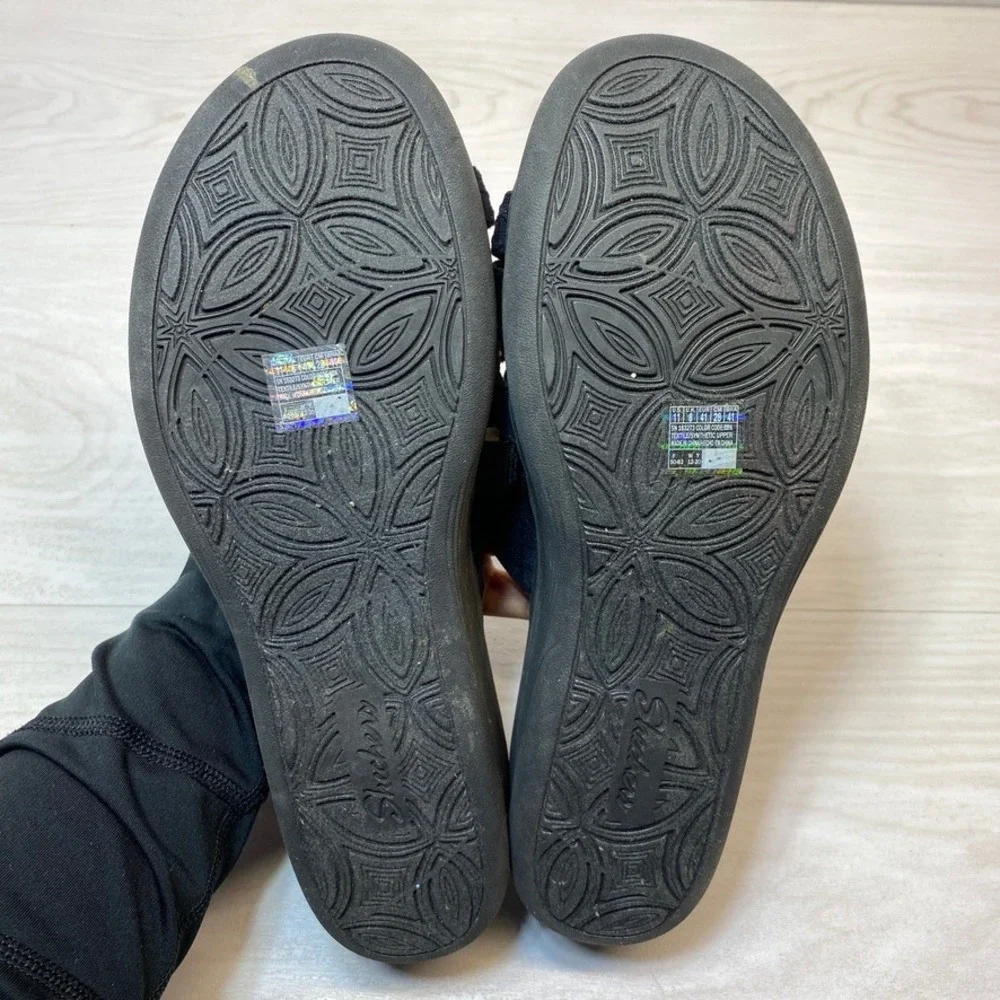 Skechers Womens 11 Luxe Foam Wedge Sandals Slide Black Textile Strappy 163273